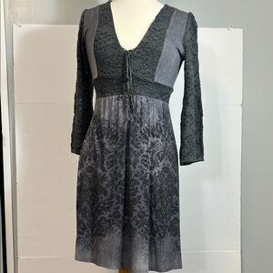 Dark Romantic Gothic Midi Dress Black Gray Knit Floral Damask Boho Vintage Style